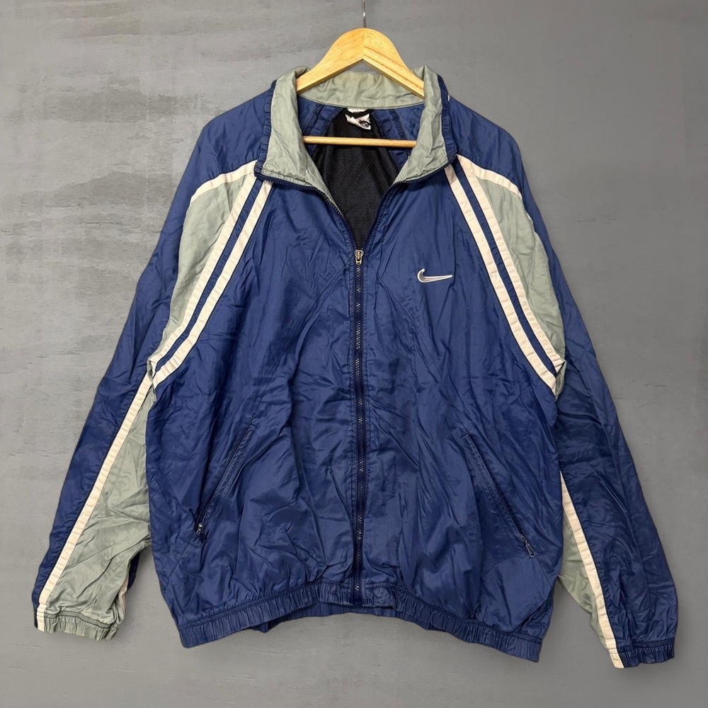 Vintage Nike Windbreaker Track Jacket Blue White Grey Swoosh Zip Up Men's XXL